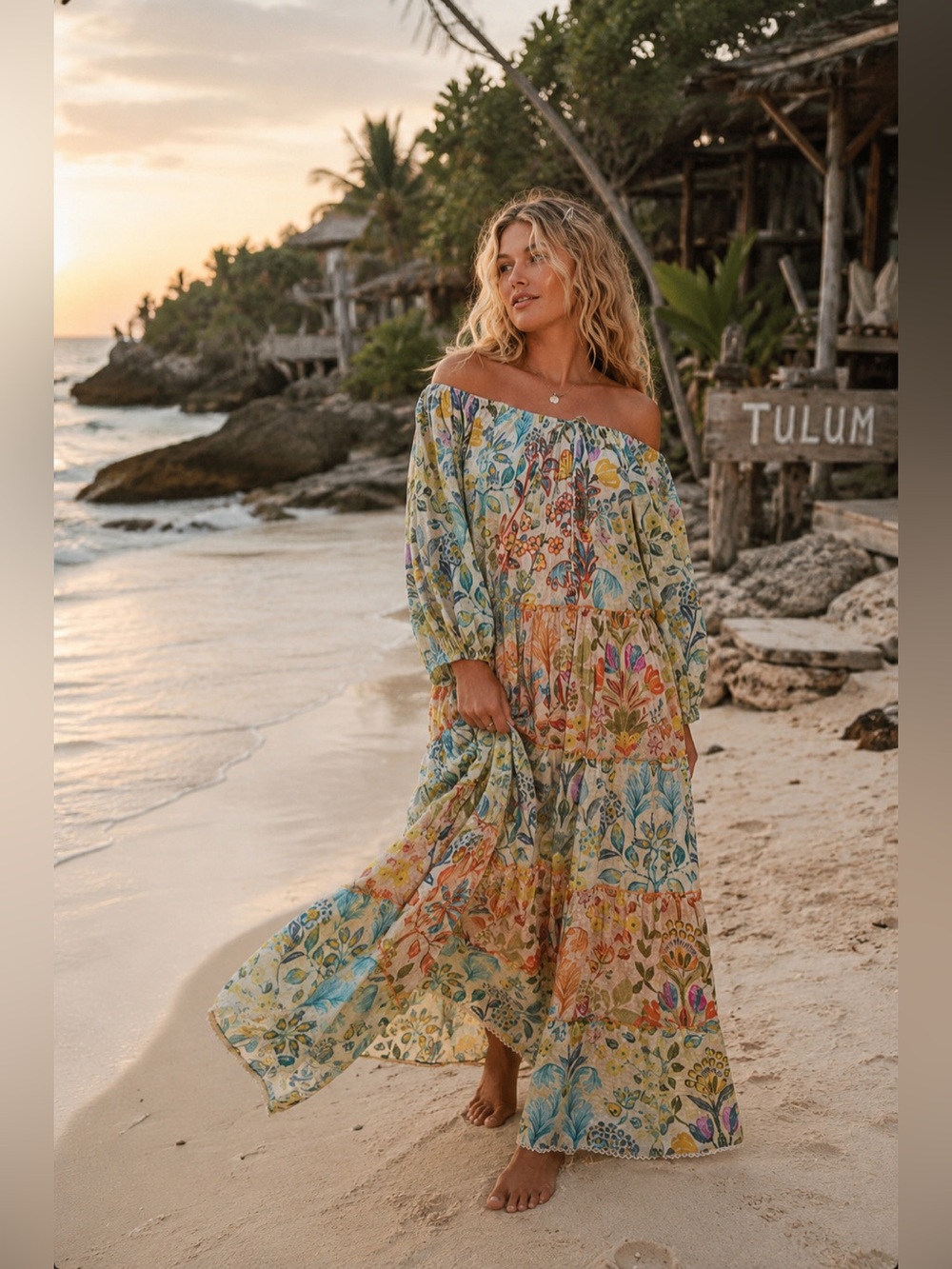 POL “ Tulum Daydream “ Maxi Off The Shoulder Dress | Floral
